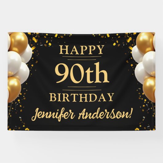90e verjaardag zwart en goud spandoek (Horizontaal)