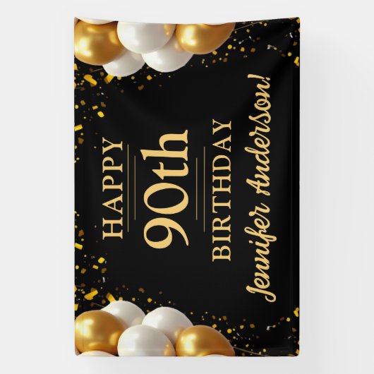 90e verjaardag zwart en goud spandoek (Verticaal)