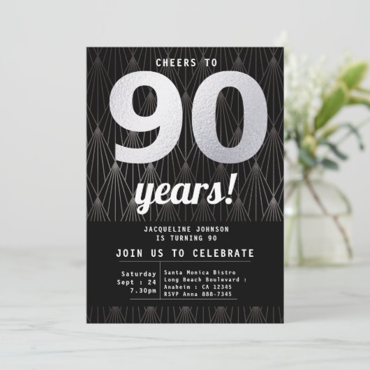 90e verjaardag zwart en zilver kaart (Staand voorkant)