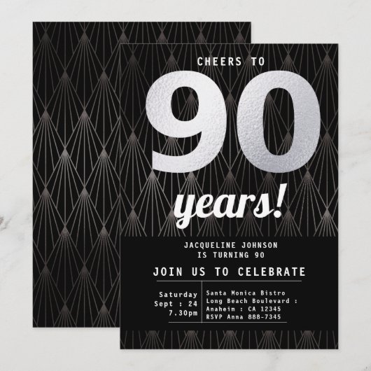 90e verjaardag zwart en zilver kaart (Voorkant / Achterkant)