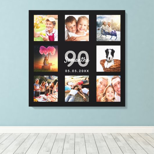 90e verjaardag zwart fotocollage monogram canvas afdruk (Insitu (Houten vloer))