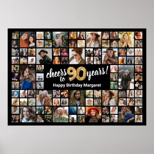 90e Verjaardag Zwart Goud 100 Foto Collage Poster (Voorkant)