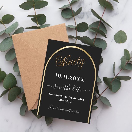 90e verjaardag zwart goud boog save the date