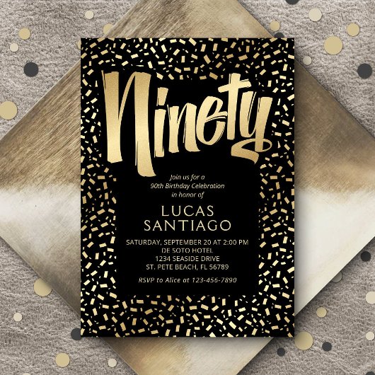 90e verjaardag Zwart Goud Confetti Kaart