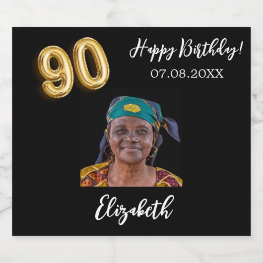 90e verjaardag zwart goud foto sparkling wijnetiket (Enkel label)