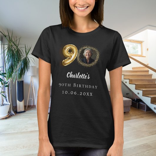 90e verjaardag zwart goud foto t-shirt