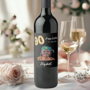 90e verjaardag zwart goud foto wijn etiket