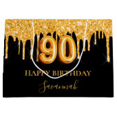 90e verjaardag zwart goud glitter druppelt naam groot cadeauzakje (Voorkant)