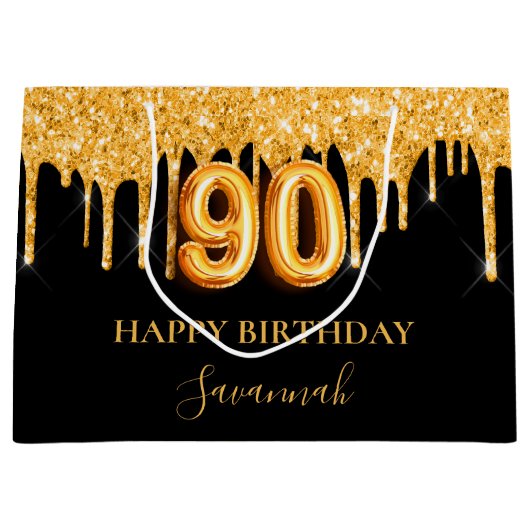 90e verjaardag zwart goud glitter druppelt naam groot cadeauzakje (Voorkant)