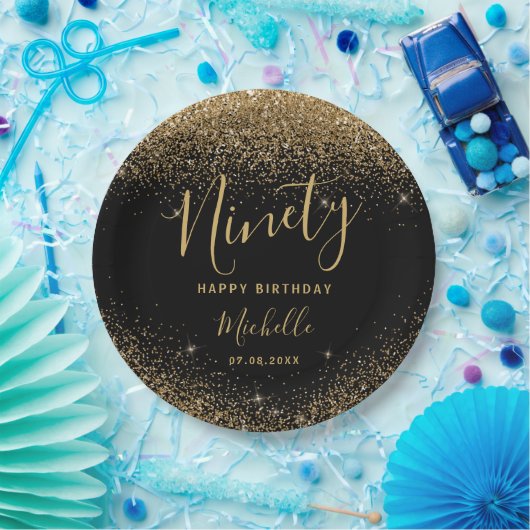 90e verjaardag Zwart Goud Glitter Sparkles Naam Papieren Bordje (Feest)