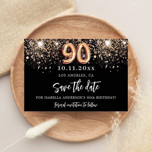 90e verjaardag zwart goud glitter sparkles save the date