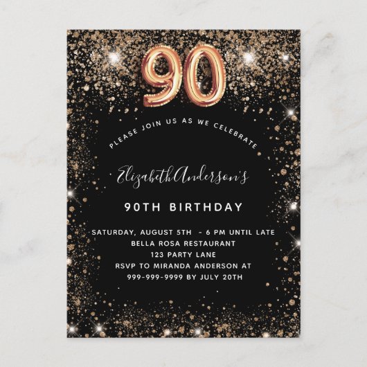 90e verjaardag zwart goud glitter sparkles uitnodiging briefkaart (Voorkant)