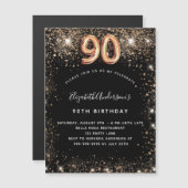 90e verjaardag zwart goud glitter wekt luxe magnetische uitnodiging (Voorkant / Achterkant)