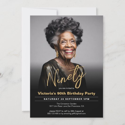 90e verjaardag zwart goud minimale moderne foto kaart (Voorkant)
