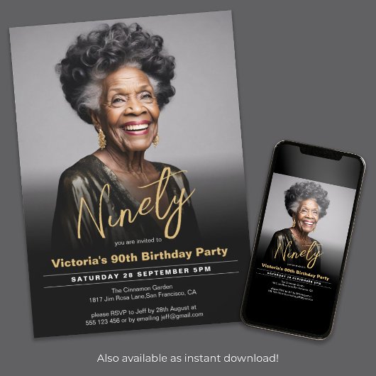 90e verjaardag zwart goud minimale moderne foto kaart