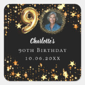 90e verjaardag zwart goud sterren foto vierkante sticker (Voorkant)