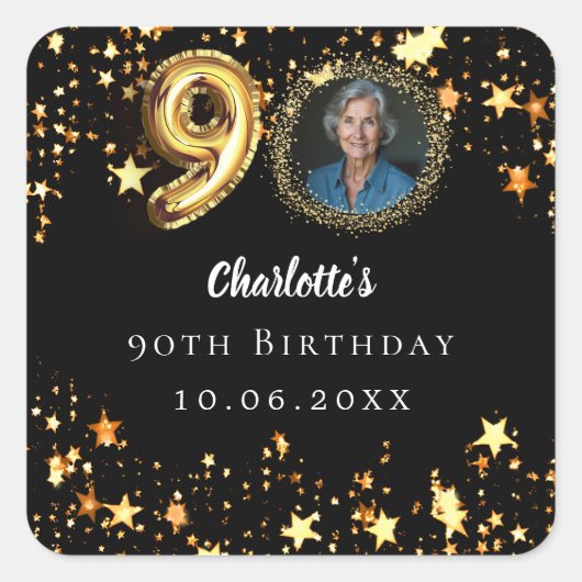90e verjaardag zwart goud sterren foto vierkante sticker (Voorkant)