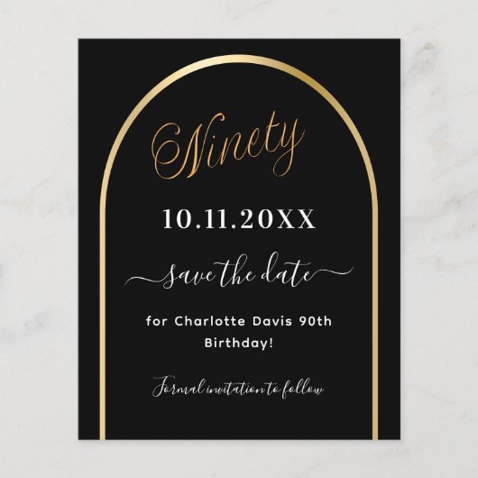 90e verjaardag Zwart Gouden boog Save the Date Car (Voorkant)