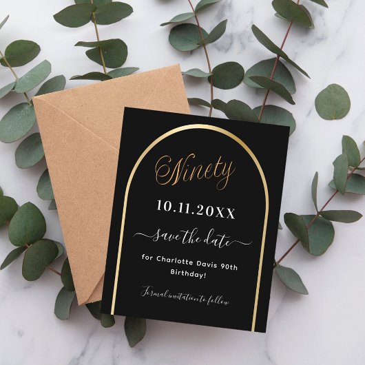 90e verjaardag Zwart Gouden boog Save the Date Car