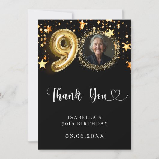 90e verjaardag zwart gouden sterren foto bedankkaart (Voorkant)