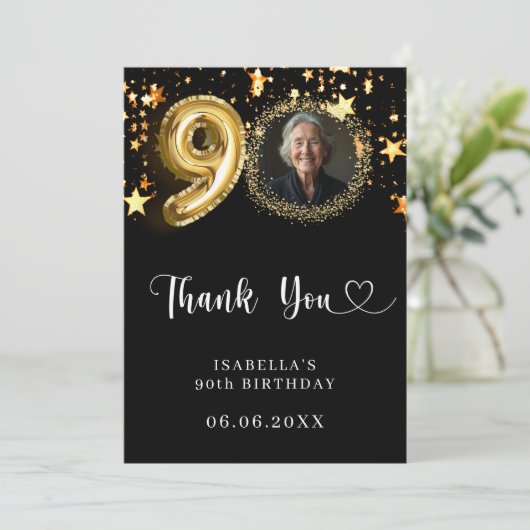 90e verjaardag zwart gouden sterren foto bedankkaart (Staand voorkant)