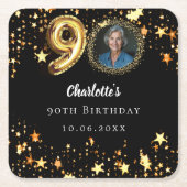 90e verjaardag zwart gouden sterren foto kartonnen onderzetters (Voorkant)