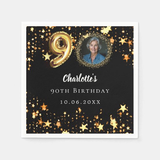 90e verjaardag zwart gouden sterren foto servet (Voorkant)