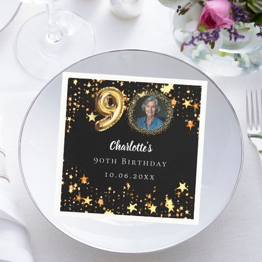 90e verjaardag zwart gouden sterren foto servet