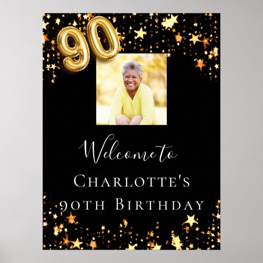 90e verjaardag zwart gouden sterren foto welkom poster (Voorkant)