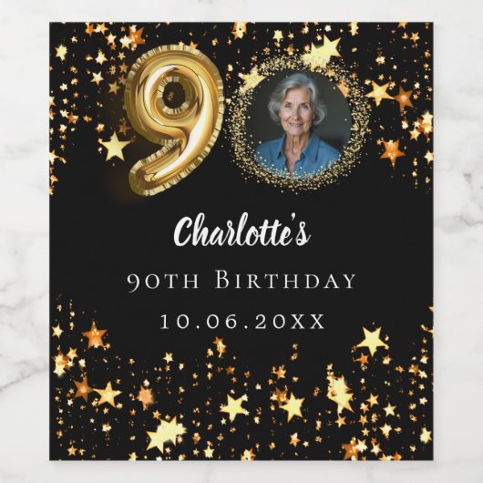 90e verjaardag zwart gouden sterren foto wijn etiket (Enkel label)