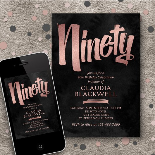 90e verjaardag Zwart Roos Goud Kaart