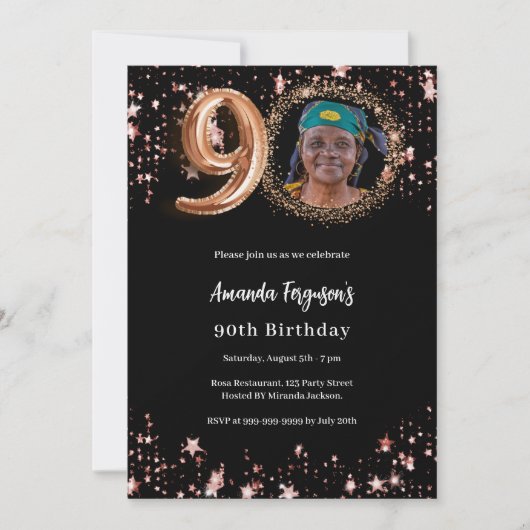 90e verjaardag zwart roos gouden fotosterren luxe kaart (Voorkant)
