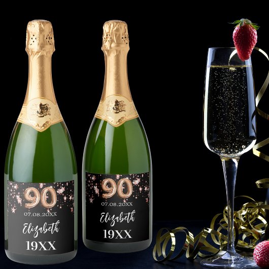 90e verjaardag zwart roos gouden sterren sparkling wijnetiket