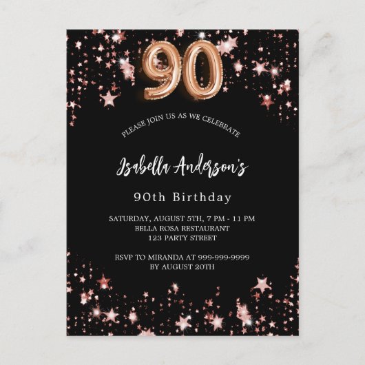 90e verjaardag zwart roos gouden sterren uitnodiging briefkaart (Voorkant)