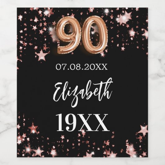 90e verjaardag zwart roos gouden sterren wijn etiket (Enkel label)