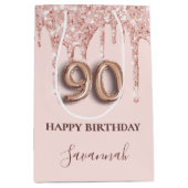 90e verjaardag zwart roze glitter druppelt roos go medium cadeauzakje (Voorkant)