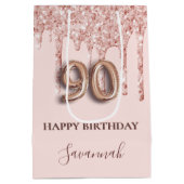 90e verjaardag zwart roze glitter druppelt roos go medium cadeauzakje (Achterkant)