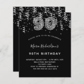 90e verjaardag zwart zilveren luipaard uitnodiging (Voorkant / Achterkant)
