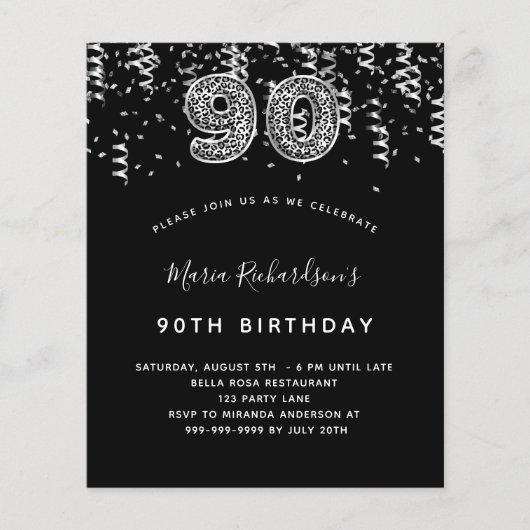 90e verjaardag zwart zilveren luipaard uitnodiging (Voorkant)