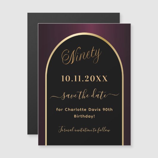 90e verjaardag zwarte bordeaux Save the Date magne (Voorkant / Achterkant)