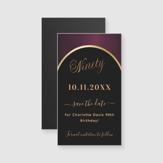 90e verjaardag zwarte bordeaux Save the Date magne (Voorkant / Achterkant)