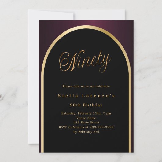 90e verjaardag zwarte Bourgondische gouden boog lu Kaart (Voorkant)