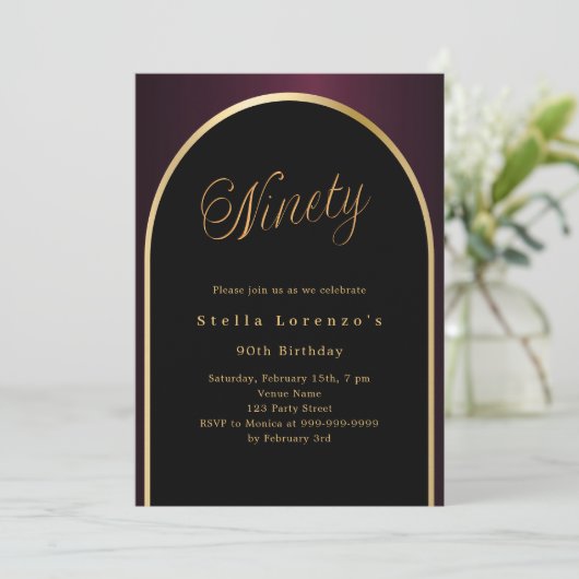 90e verjaardag zwarte Bourgondische gouden boog lu Kaart (Staand voorkant)