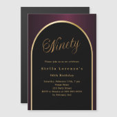 90e verjaardag zwarte Bourgondische gouden boog lu Magnetische Uitnodiging (Voorkant / Achterkant)