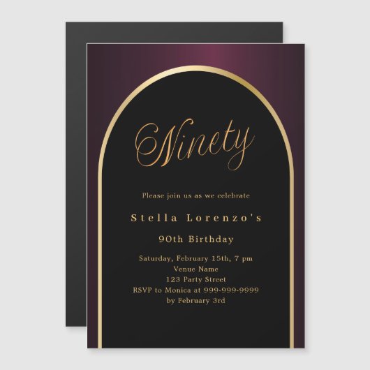 90e verjaardag zwarte Bourgondische gouden boog lu Magnetische Uitnodiging (Voorkant / Achterkant)