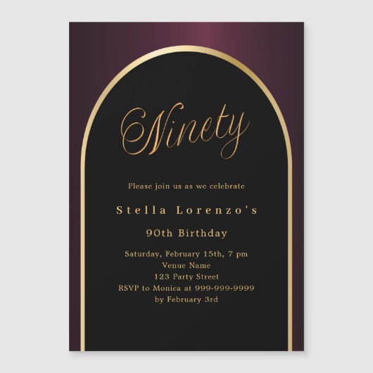90e verjaardag zwarte Bourgondische gouden boog lu Magnetische Uitnodiging (Voorkant)