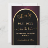90e verjaardag zwarte Bourgondische gouden boog Save The Date (Voorkant)