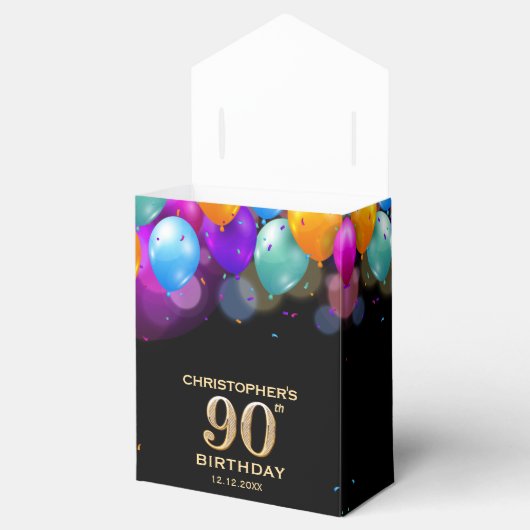 90e verjaardag Zwarte en gouden ballonnen Bedankdoosjes (Geopend)