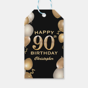 90e verjaardag Zwarte en gouden ballonnen Cadeaulabel