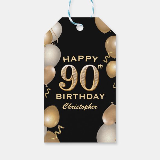 90e verjaardag Zwarte en gouden ballonnen Cadeaulabel (Achterkant)